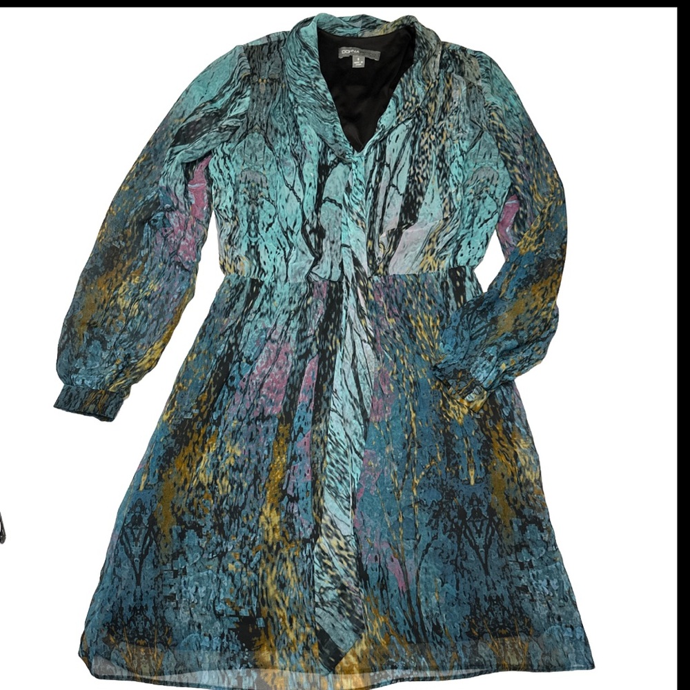 Donna Ricco Dress Sz 6 Multicolor Midi V Neck Tie Long Sleeve EUC Beautiful Prin